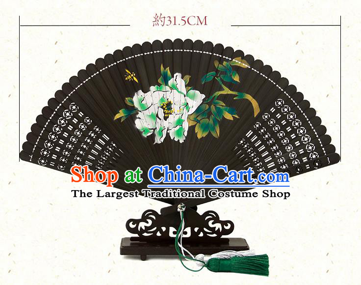 Chinese Handmade Kung Fu Folding Fan Traditional Printing Peony Black Bamboo Fan