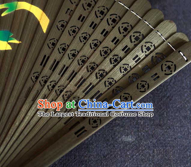 Chinese Traditional Printing Gardenia Black Bamboo Fan Handmade Kung Fu Folding Fan