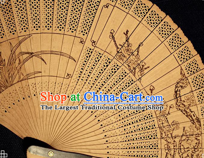 Chinese Ink Painting Bamboo Chrysanthemum Folding Fan Traditional Kung Fu Fan Handmade Sandalwood Fan