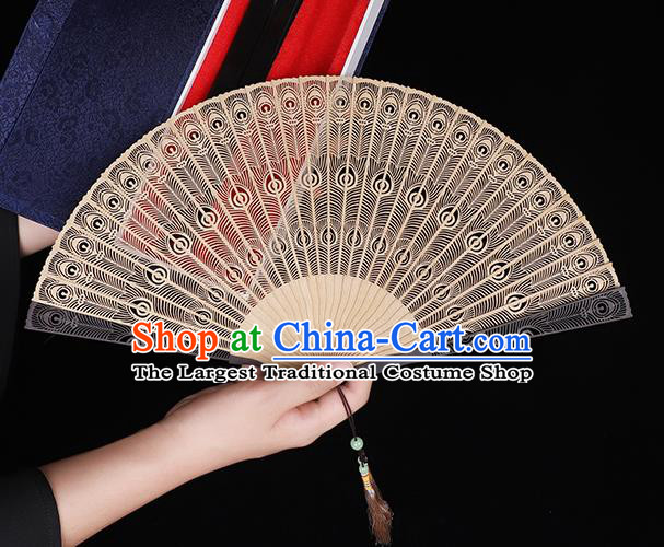 Chinese Handmade Hollow Sandalwood Accordion Carving Peacock Feather Fan Craft Classical Folding Fan