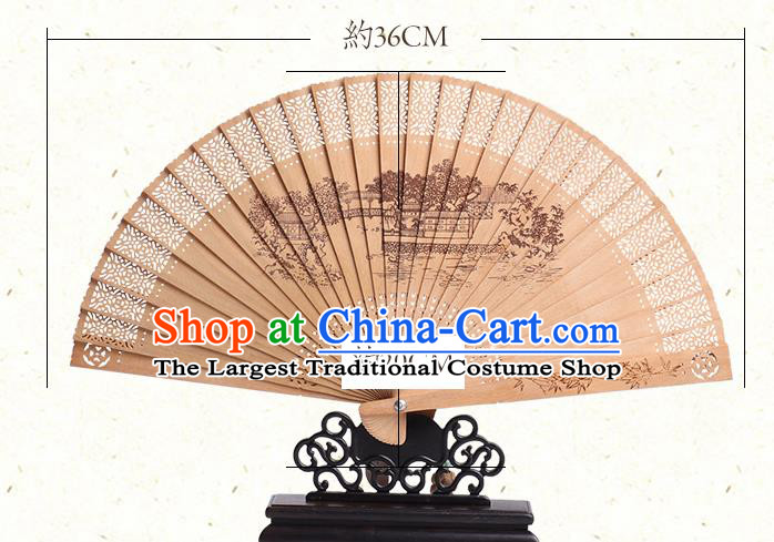Chinese Handmade Sandalwood Accordion Printing Jiangnan View Fan Craft Classical Folding Fan