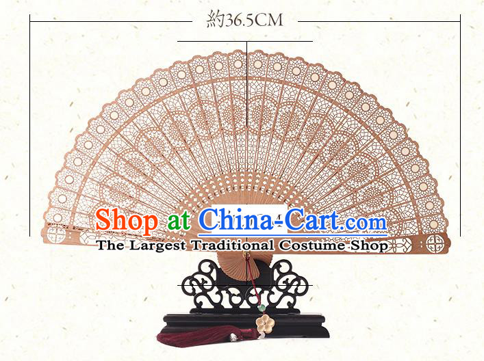 Chinese Handmade Sandalwood Fan Traditional Carving Peacock Feather Accordion Classical Folding Fan