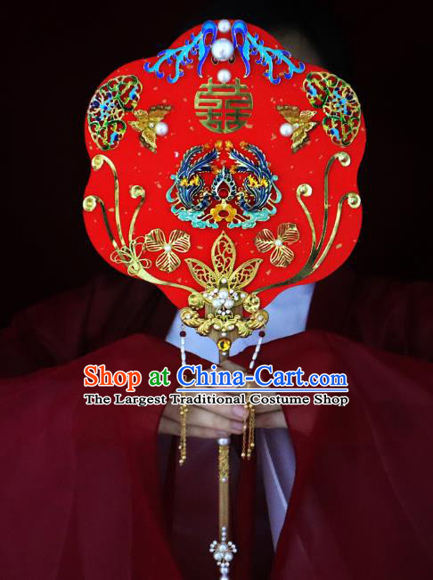 China Handmade Blueing Phoenix Palace Fan Classical Red Fan Traditional Wedding Fan