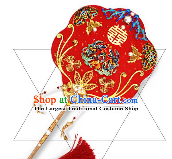 China Handmade Blueing Phoenix Palace Fan Classical Red Fan Traditional Wedding Fan