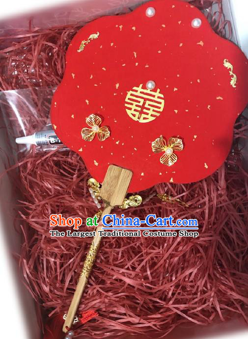 China Handmade Blueing Phoenix Palace Fan Classical Red Fan Traditional Wedding Fan