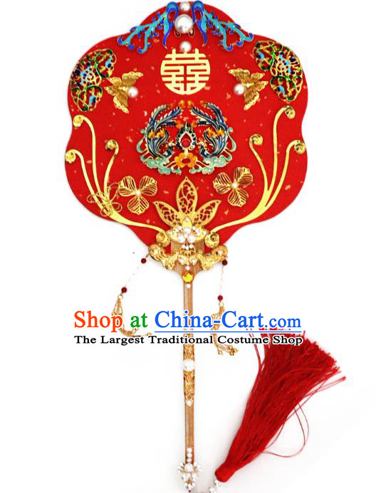 China Handmade Blueing Phoenix Palace Fan Classical Red Fan Traditional Wedding Fan