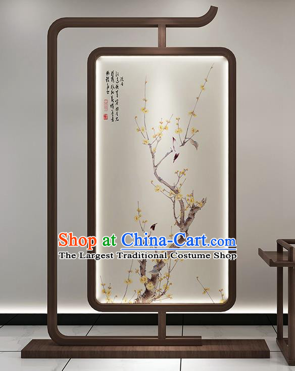 Chinese Handmade Walnut Stand Screen Printing Plum Bird Floor Lantern