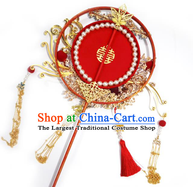 China Classical Wedding Hanfu Fan Traditional Golden Phoenix Tassel Fan Handmade Palace Fan