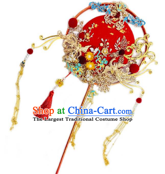 China Classical Wedding Hanfu Fan Traditional Golden Phoenix Tassel Fan Handmade Palace Fan