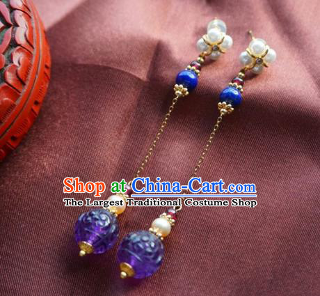 China Handmade Lapis Ear Accessories Traditional Cheongsam Amethyst Pearls Earrings