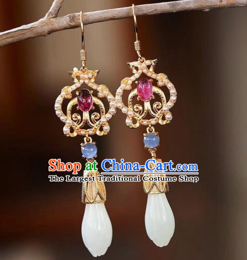 China Handmade Jade Mangnolia Ear Accessories Traditional Cheongsam Tourmaline Earrings