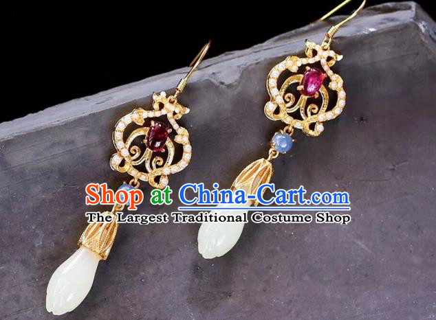 China Handmade Jade Mangnolia Ear Accessories Traditional Cheongsam Tourmaline Earrings