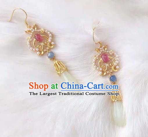 China Handmade Jade Mangnolia Ear Accessories Traditional Cheongsam Tourmaline Earrings