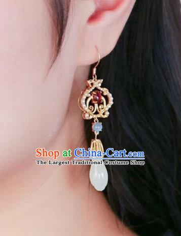 China Handmade Jade Mangnolia Ear Accessories Traditional Cheongsam Tourmaline Earrings