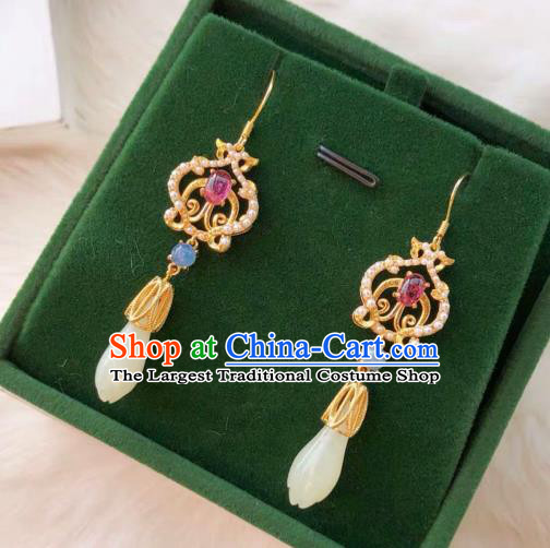 China Handmade Jade Mangnolia Ear Accessories Traditional Cheongsam Tourmaline Earrings