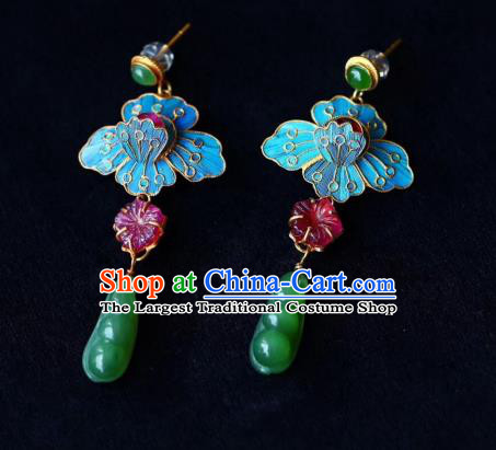 China Traditional Qing Dynasty Court Jadeite Earrings Handmade Tourmaline Ear Accessories