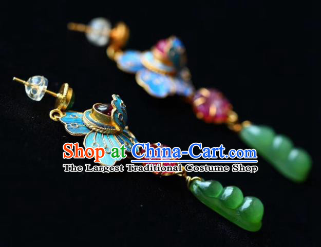 China Traditional Qing Dynasty Court Jadeite Earrings Handmade Tourmaline Ear Accessories