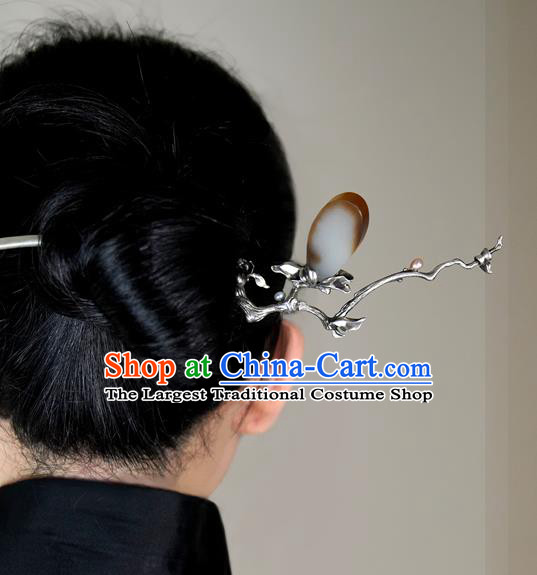 Chinese National Silver Mangnolia Hair Stick Traditional Cheongsam Hetian Jade Hairpin