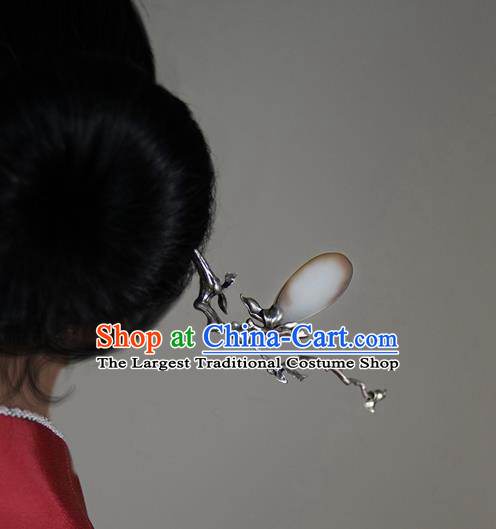 Chinese National Silver Mangnolia Hair Stick Traditional Cheongsam Hetian Jade Hairpin