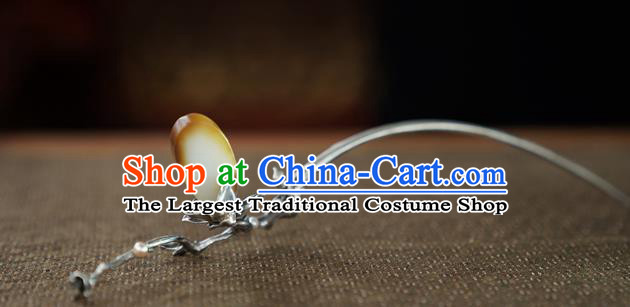 Chinese National Silver Mangnolia Hair Stick Traditional Cheongsam Hetian Jade Hairpin