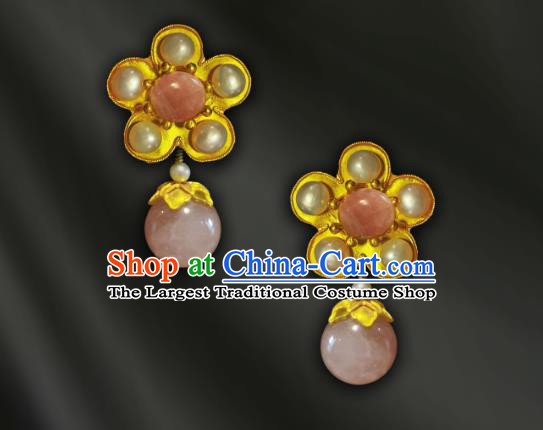 China Handmade Pearls Plum Ear Accessories Traditional Cheongsam Rose Quartz Tassel Earrings