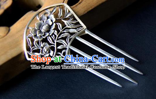 Chinese National Silver Hair Comb Cheongsam Carving Peony Hairpin Traditional Hair Accessories