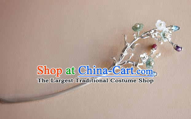 Chinese National Cheongsam Jade Plum Blossom Hair Stick Traditional Hair Accessories Handmade Silver Pearls Hairpin