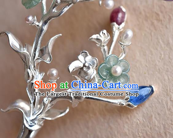 Chinese National Cheongsam Jade Plum Blossom Hair Stick Traditional Hair Accessories Handmade Silver Pearls Hairpin