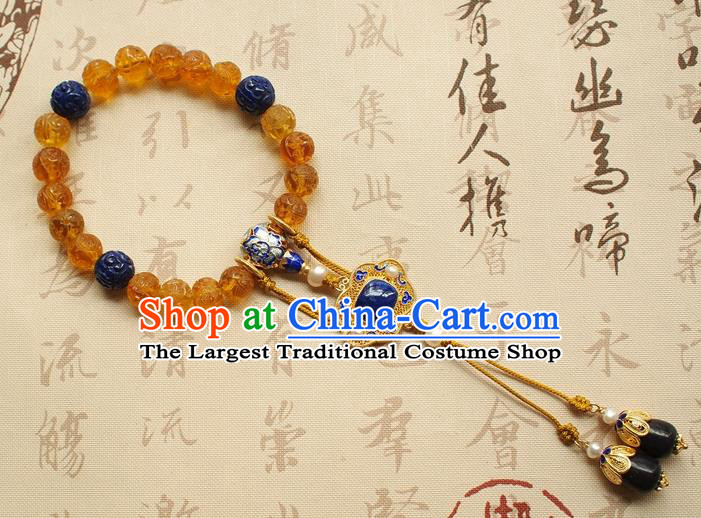 Chinese Traditional Qing Dynasty Topaz Beads Bracelet National Cheongsam Lapis Brooch
