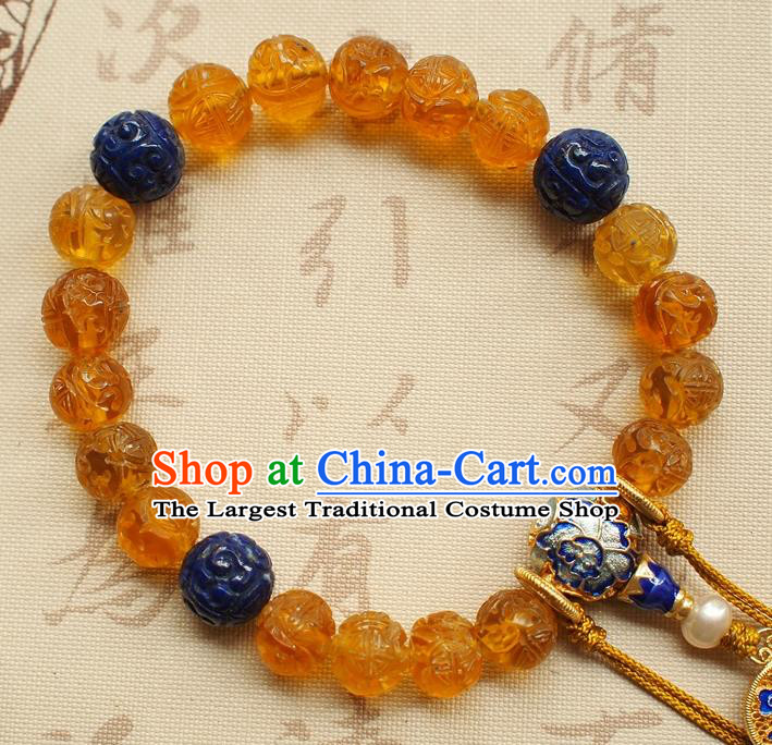 Chinese Traditional Qing Dynasty Topaz Beads Bracelet National Cheongsam Lapis Brooch
