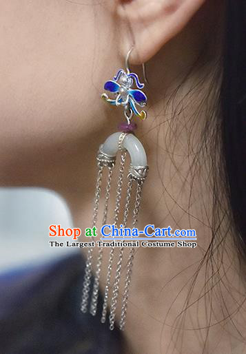 China Handmade Silver Tassel Ear Accessories Traditional Cheongsam Cloisonne Dragonfly Jade Earrings