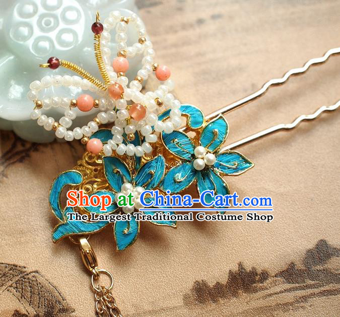 Chinese Handmade Ancient Princess Beads Butterfly Tassel Hairpin Traditional Qing Dynasty Court Hair Accessories