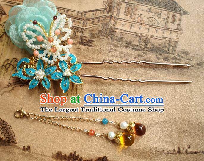 Chinese Handmade Ancient Princess Beads Butterfly Tassel Hairpin Traditional Qing Dynasty Court Hair Accessories