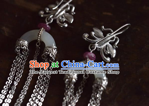 China Handmade Silver Tassel Ear Accessories Traditional Cheongsam Cloisonne Dragonfly Jade Earrings