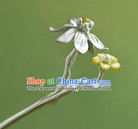 Chinese National Silver Daffodil Hair Stick Traditional Cheongsam Hair Accessories Handmade Shell Hairpin