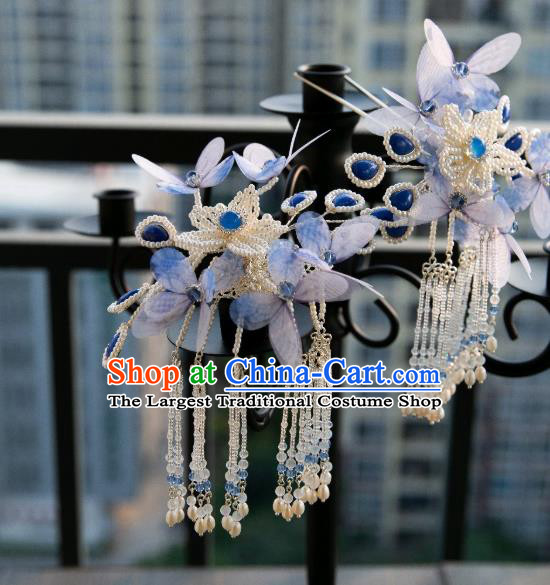 Chinese Traditional Ming Dynasty Hair Accessories Ancient Princess Blue Butterfly Pearls Tassel Hairpin