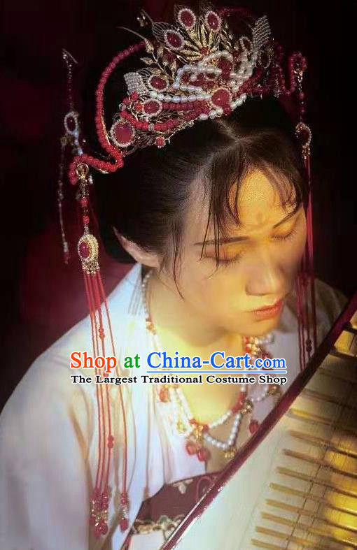 Chinese Ancient Princess Red Tassel Hair Crown Traditional Tang Dynasty Wedding Hair Accessories