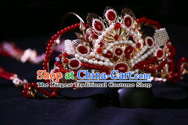 Chinese Ancient Princess Red Tassel Hair Crown Traditional Tang Dynasty Wedding Hair Accessories