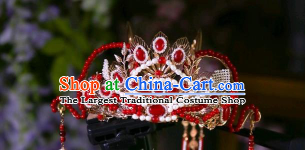 Chinese Ancient Princess Red Tassel Hair Crown Traditional Tang Dynasty Wedding Hair Accessories
