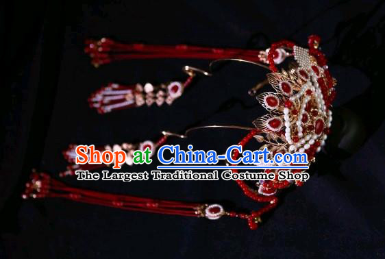 Chinese Ancient Princess Red Tassel Hair Crown Traditional Tang Dynasty Wedding Hair Accessories