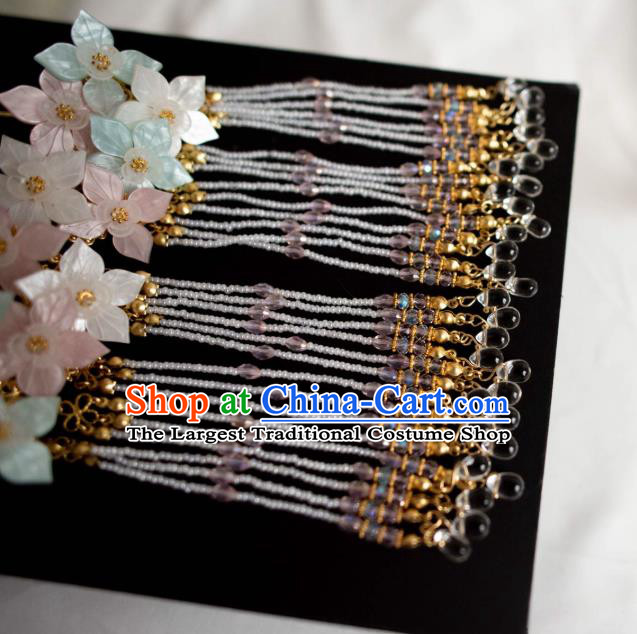 Chinese Ancient Princess Beads Tassel Hair Stick Traditional Ming Dynasty Palace Lady Shell Flowers Hairpin