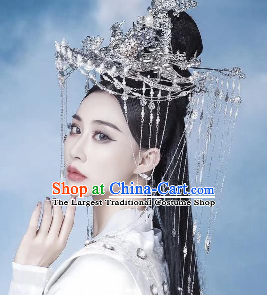 Chinese Drama Sansheng Sanshi Pillow Headwear Ancient Queen Goddess Bai Qian Wedding Argent Tassel Hair Crown