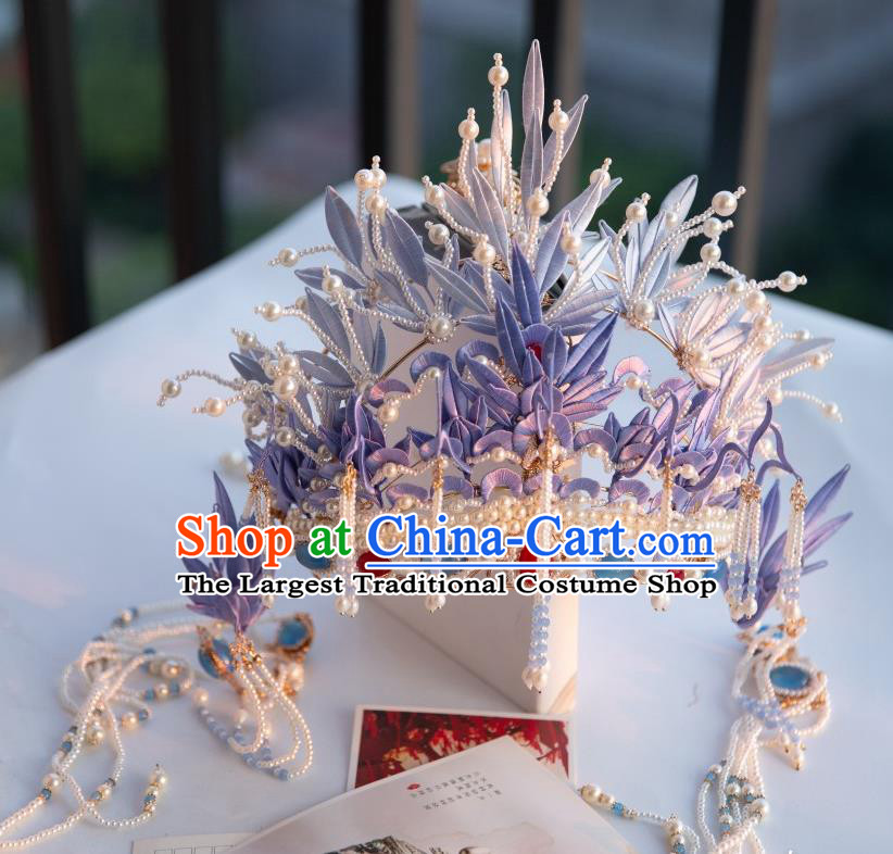 Chinese Traditional Song Dynasty Court Pearls Tassel Hair Accessories Ancient Imperial Concubine Lilac Silk Flowers Hair Crown