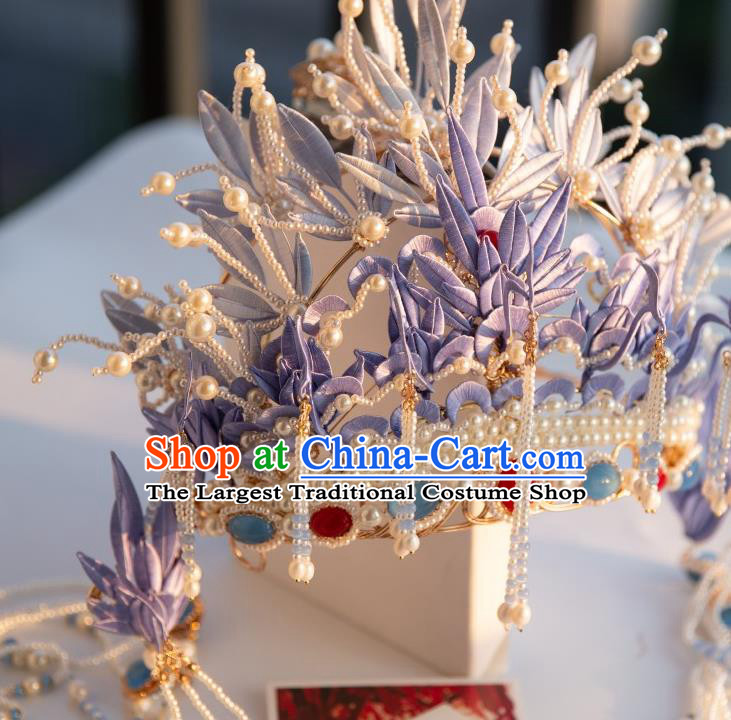 Chinese Traditional Song Dynasty Court Pearls Tassel Hair Accessories Ancient Imperial Concubine Lilac Silk Flowers Hair Crown