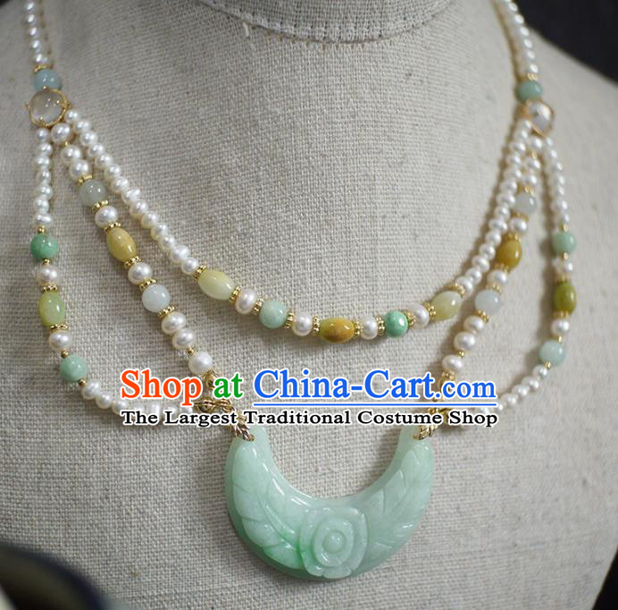Chinese Traditional Ming Dynasty Jade Carving Necklace Accessories Ancient Princess Pearls Necklet