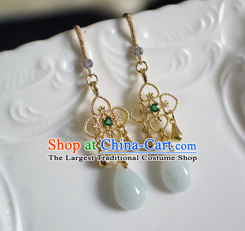 China Handmade Jadeite Earrings Traditional Ming Dynasty Golden Clover Ear Jewelry