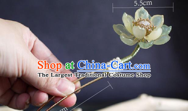 Chinese Ancient Princess Jade Lotus Tassel Hairpin Traditional Ming Dynasty Pearls Hair Stick