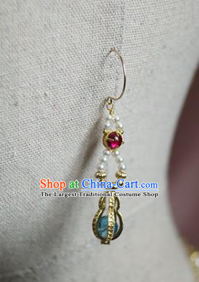 China Handmade Pearls Earrings Traditional Ming Dynasty Empress Golden Gourd Ear Jewelry