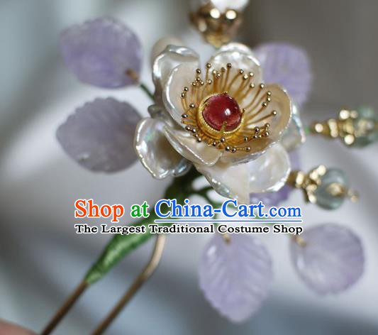 Chinese Ancient Imperial Concubine Shell Peony Hairpin Traditional Ming Dynasty Amethyst Leaf Hair Stick