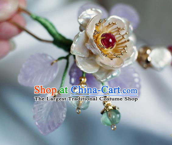 Chinese Ancient Imperial Concubine Shell Peony Hairpin Traditional Ming Dynasty Amethyst Leaf Hair Stick